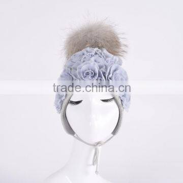 Baby Cotton Knit Hats With Fur Pompom Baby Hats With Chiffon Flowers KZ160094 photo-5