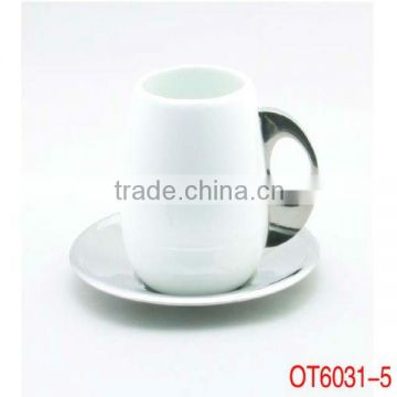 ceramic coffee cup set with stainless steel saucer