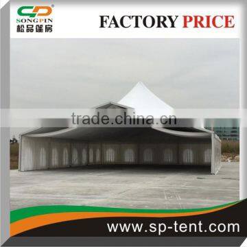 Customized clear span tent connected with peaked roof tents