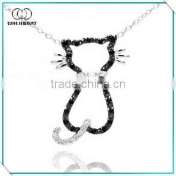 China Factory Sterling Silver Cat Black & Clear CZ Necklace