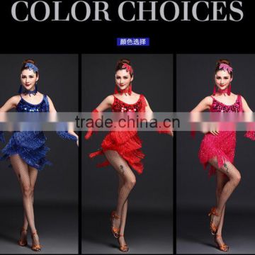 Performance Lady Stage Blue Sequin Tassel Latin Dance Costumes Adult