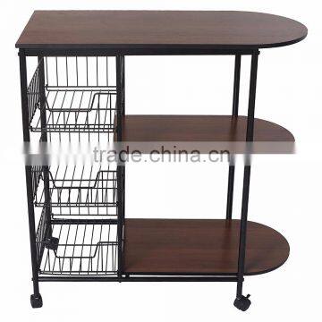 Portable Rolling Wire Shelf Wood Top Kitchen Storage Trolley photo-2