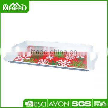 Promotion snowflake & tree printed X'mas banquet serving trays, anti-slip Christams party melamine plastic food tray with handle