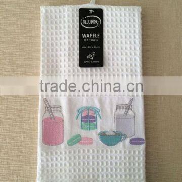 Custom logo embroidered white cotton waffle tea towel