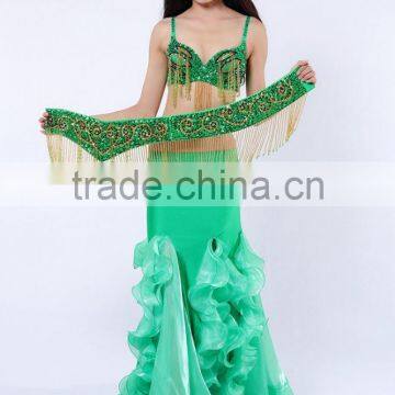 Sexy green belly dance bra and belt with gold tassel AS6053-AQ6053