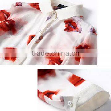 2015 New Fashion Casual OEM Long Sleeve Front Open Blouse Shirt Girls Print Chiffon Blouse With Mandarin Collar photo-4