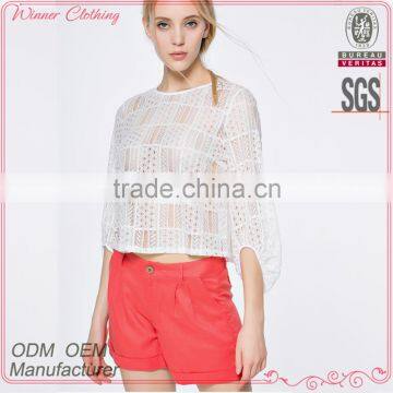 Fashion latest trendy high fashion crochet fabric women transparent blouse with half sleeve