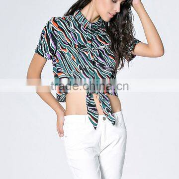 Custom OEM Service Women All Over Printed Swallow Tail Short Sleeve Lady Blouse & Top With Stand Collar photo-2