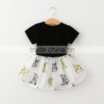 2016 Summer Children's Clothing Sets 3 d Cartoon Cat Printed t Shirt and Skirt Twinsets photo-2