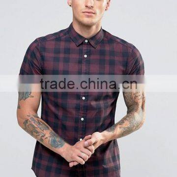 Guangzhou High Quality Custom Short Sleeve Point Collar Mens 98% Crisp Cotton 2% Elastane Casual Slim Fit Plaids Shirts