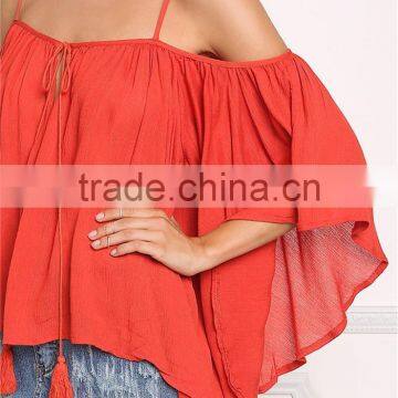 MGOO 2017 New Style Beach Casual Linen Red Blouses Viscose Tie Up Tunic Loose Style Fashion Off Shoulders photo-4