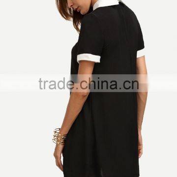 Black Peter Pan Collar Short Sleeve Shift Dress Patchwork 100% Polyester Short Sleeve Short Dress photo-3