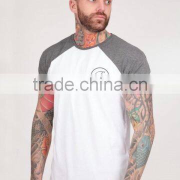 Short Sleeve Raglan Baseball T Shirt for Men Longline Curved Hem Baseball Tee White/Heather Grey Contrast T Shirt