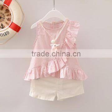 Cute child girl ruffle cotton top pink white stripes blouse blank shorts with pockets kids clothes