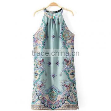 F20012A TOP SALE FOLD HALTER STRAPLESS DRESS PRINTED WOMEN DRESS