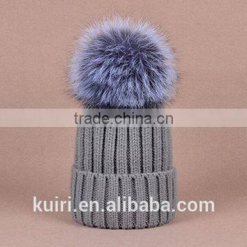 Knitted Hat With Snap Silver Fox Fur Ball on Top photo-6