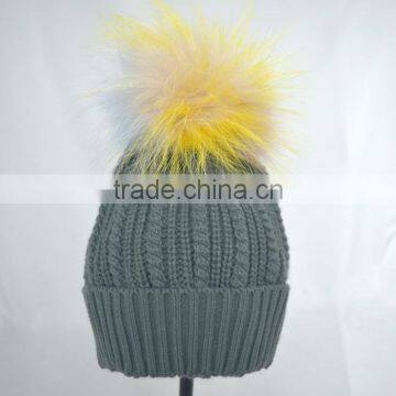 Myfur Grey Color Winter Striped Knitting Cap With Customized Big Fur Pom Pom photo-3