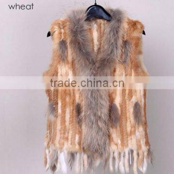 2017 Raccoon Fur Collar Knitted Real Rabbit Fur Vest