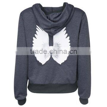 Small Quantity Workable Gray Contrast Wings Print Zip Up Hoodie for Women photo-2