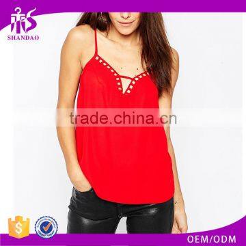 2016 Guangzhou Shandao Wholesale High Fashion New Summer Sexy Spaghetti Strap Red Loose Chiffon XL Size Ladies Top