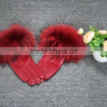 New Design Wine Red Sheep Leather Gloves With Thickness Raccoon Fur Cuff / Fur Gloves ,Ladies Winter Accessory