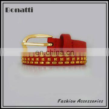 fashion thin style red embellished belt with golden rivet for woman