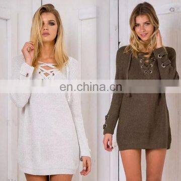 New Design V-neck Straps Women Sweater Long Sleeves Sweater for Ladies KMY1080