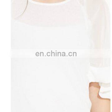 2015 White Top With Smocking And Tie-up Women Blue Floral Print Tie-up Top photo-4