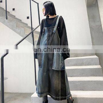 TWOTWINSTYLE Hit Color Denim Dress For Women Square Collar Spaghetti Strap Sleeveless Dresses Female photo-5