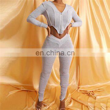Long Sleeve Solid Cardigan Hooded Top Sexy Low Neck Bellybutton Tight Pants Stacked Suit Women Two Piece Set photo-4