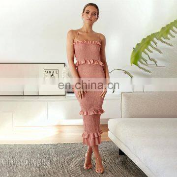 New Party Wear Ladies Solid Color Sexy Sling Skirt Pleated Banquet Elegant Women Long Dress photo-4