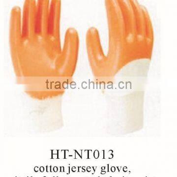 jersey lining, half dipped nitrile gloves/ orange nitrile coated glove/smooth finishing safety glove