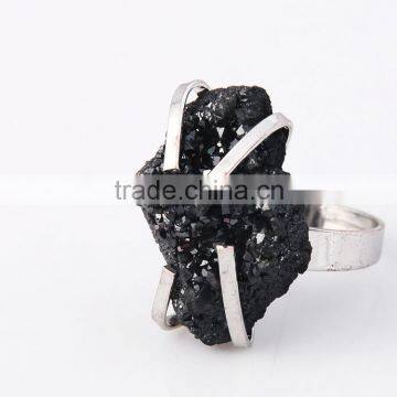 Natural Real Rough Drusy Black Agate Crystal Amethyst Rings Gemstone Ring With Adjustable Metal Women Finger Jewelry photo-6