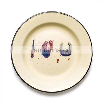 Wholesale restaurant enamel metal dinner round plates with custom logo design