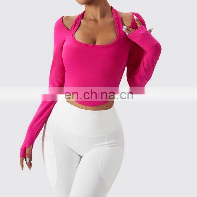 Sexy Halter Neck Long Sleeve Sports T Shirt Women Custom Logo Sports U Hem Skinny Thumb Hole Tops