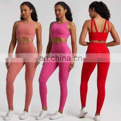 Women High Neck Shockproof Strap Sports Bra Side Pocket Leggings Two Piece Yoga Gym Suit Set Good Quality Workout Training Wear