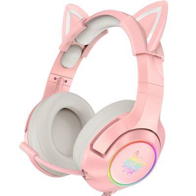 Wholesale pink cute girls cat ear wired gaming headset earphones & headphones with mic microphone for gamer ps4