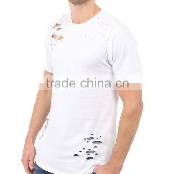 Hot Sale Custom Mens White Ripped Curved Hem T Shirts photo-3