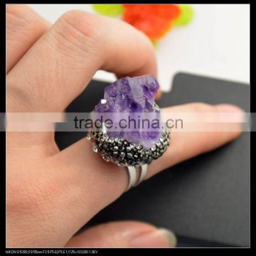 LFD-0012R ~ Wholesale Fashion Nature Amethyst Quartz Rings, Crystal Rhinestone Paved Amethyst Druzy Ring Jewelry