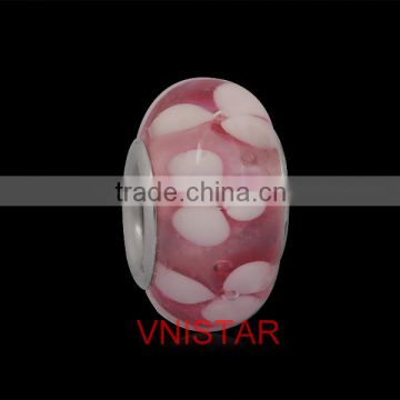 Vnistar wholesale stainless steel core pink glass beads with white flower fit for european bracelet&DIY jewelry PGS017