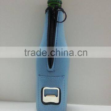 Neoprene insulated beer bottle cooler holder with opener