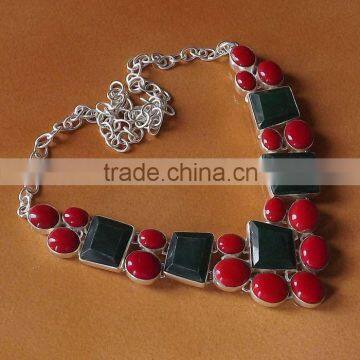 Emerald, Coral Necklace plated 925 Sterling Silver 60 Gms 18-20 Inches