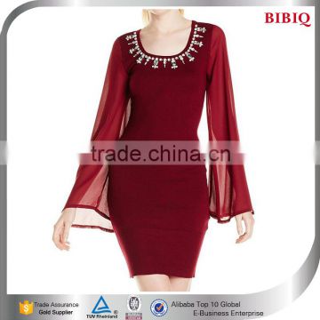 jewel embellished bandage dress red bridesmaids square neck wedding dress short bell flowing long sleeve dresses cocktail