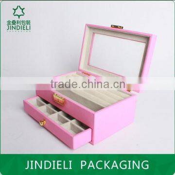 pink beautiful fashion leather wooden drawer jewelry box with pvc window