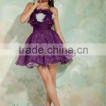 New Elegant Purple Strapless A-line Handmake Flower Short Mine Organza Evening Dresses Prom Gowns xyy04-043