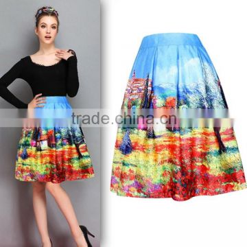 European American Fashion Lady Women's Retro Print Frilly Colorful A-Line Skirt