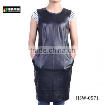 Genuine Leather Fashion Dress, Black Leather Sleeveless Dress