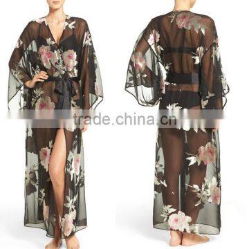 Luxurious women clothing high quality romantic cover up summer sheer chiffon rose printed robe cover up cardigan for beach wear