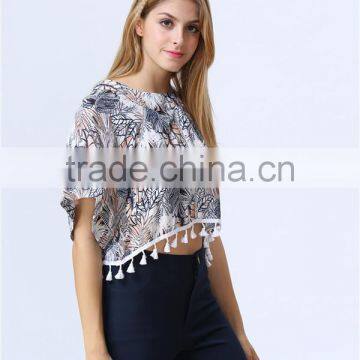 New Print Leaf Print Fashion Crop Tops With Tassels Hem for Women photo-3