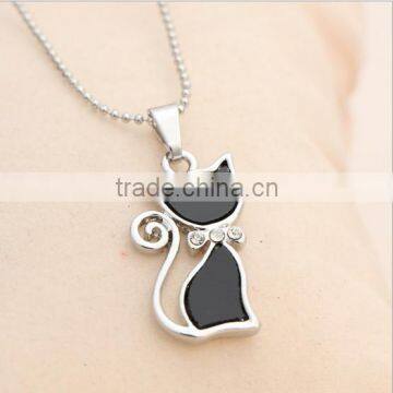 Fashion Jewelry 2016 Alloy Silver Crystal Enamel Black Cute Cat Necklace photo-2